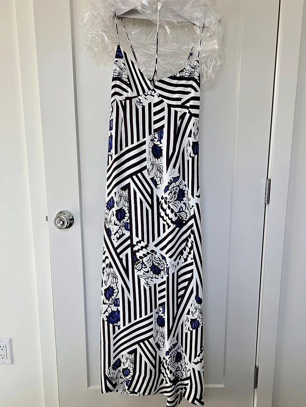 Anthropologie Black White Blue Geometric Floral Maxi Dress
